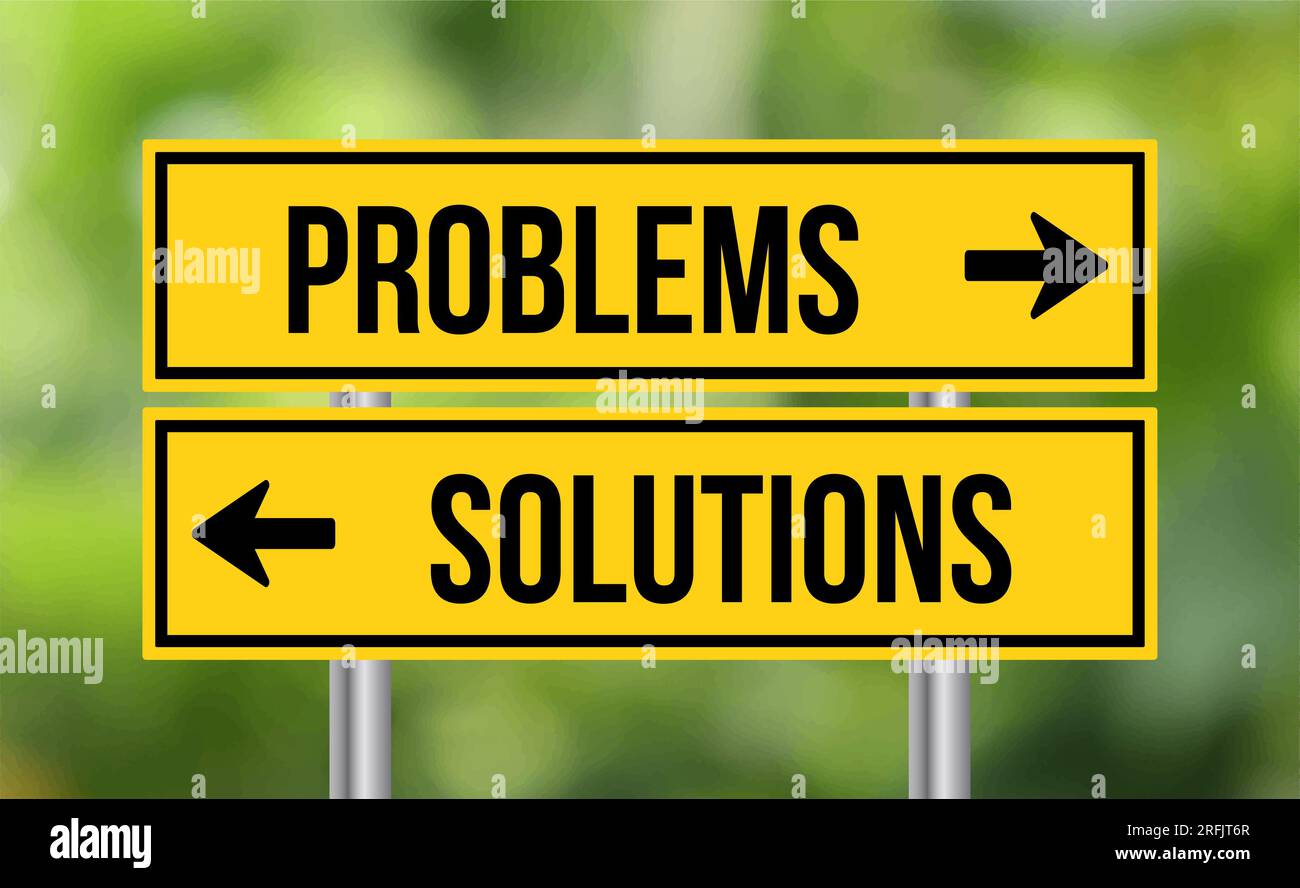 Issue Resolving Sign Problems or solutions road sign on blur background Stock Photo - Alamy