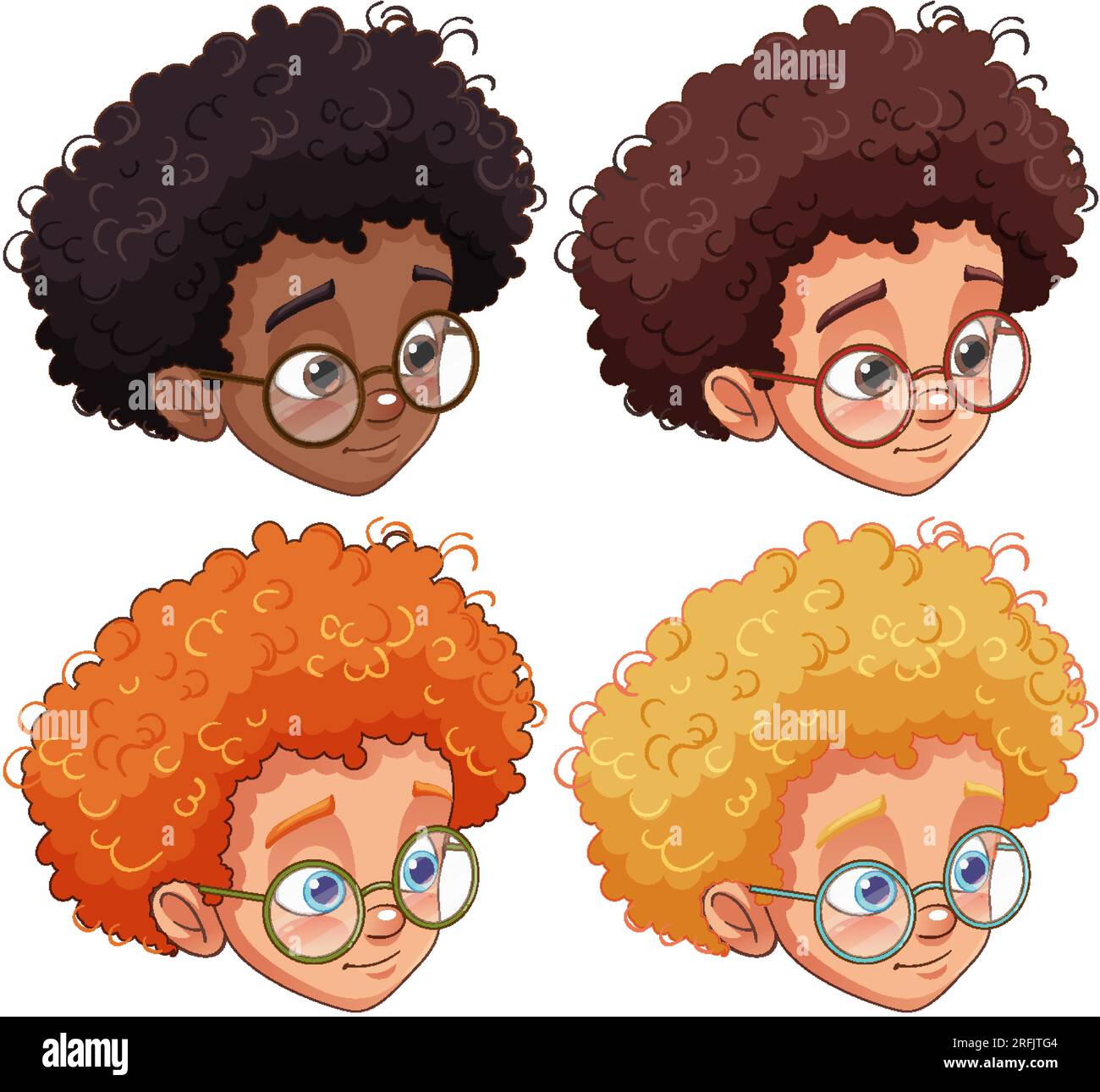 Set of curly hair boy wearing glasses head in different race illustration Stock Vector