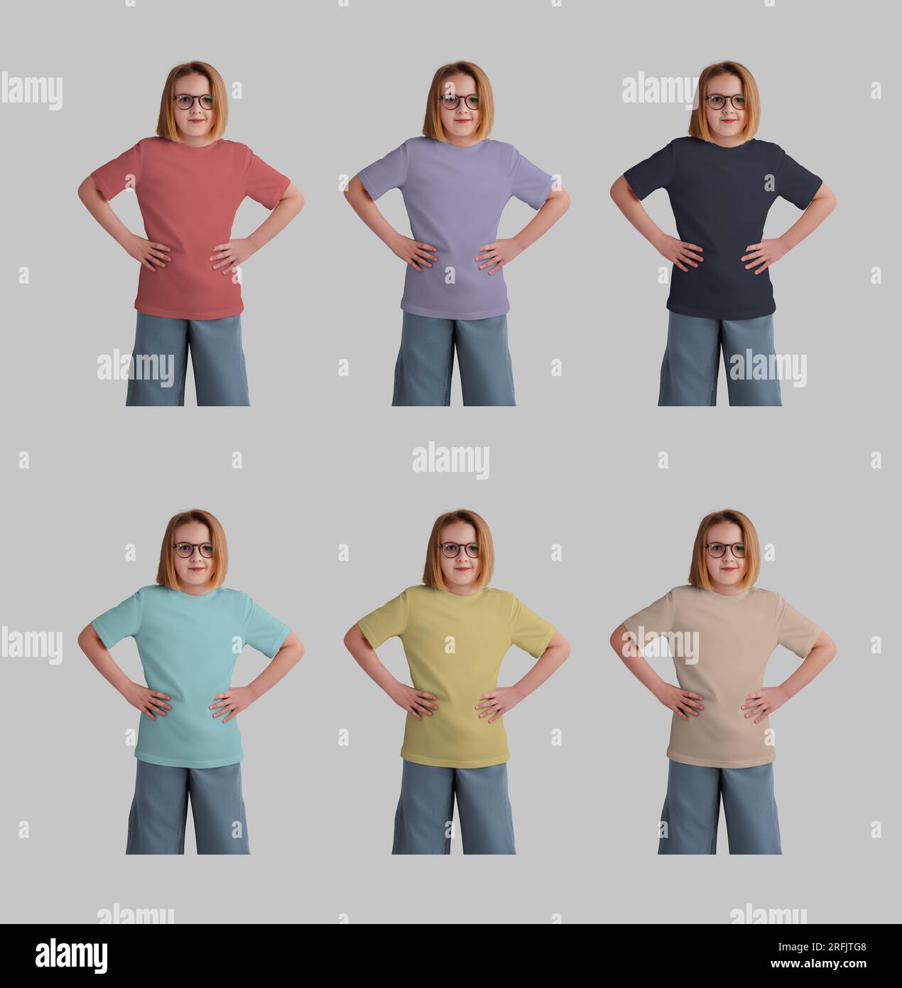 Mockup of colorful t-shirts on a girl in glasses, front view, isolated on the background. Template cotton apparel for a child. A set of kid's shirts, Stock Photo