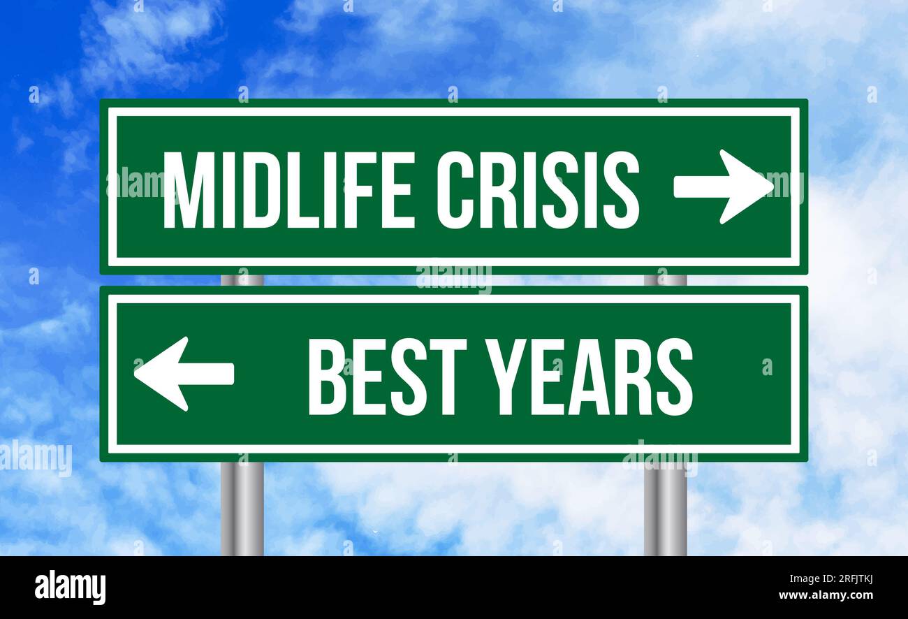 Midlife crisis or best years road sign on blue sky background Stock Photo