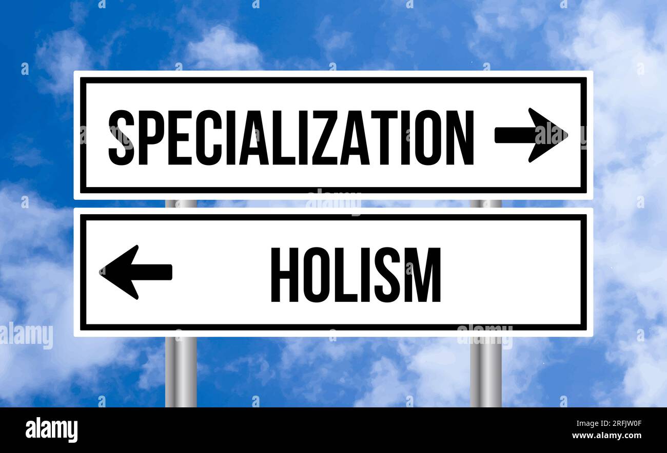 Specialization or holism road sign on sky background Stock Photo