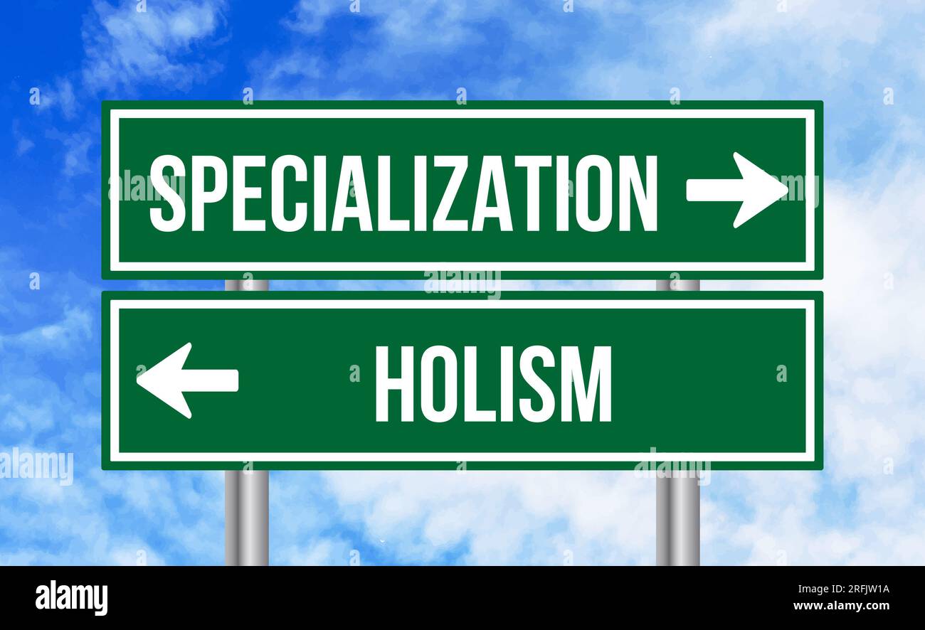 Specialization or holism road sign on sky background Stock Photo