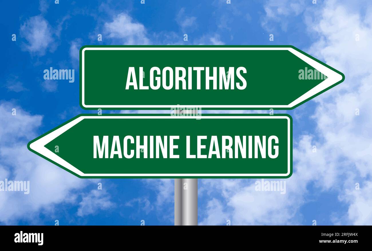 Algorithms or machine learning road sign on cloudy sky background Stock ...