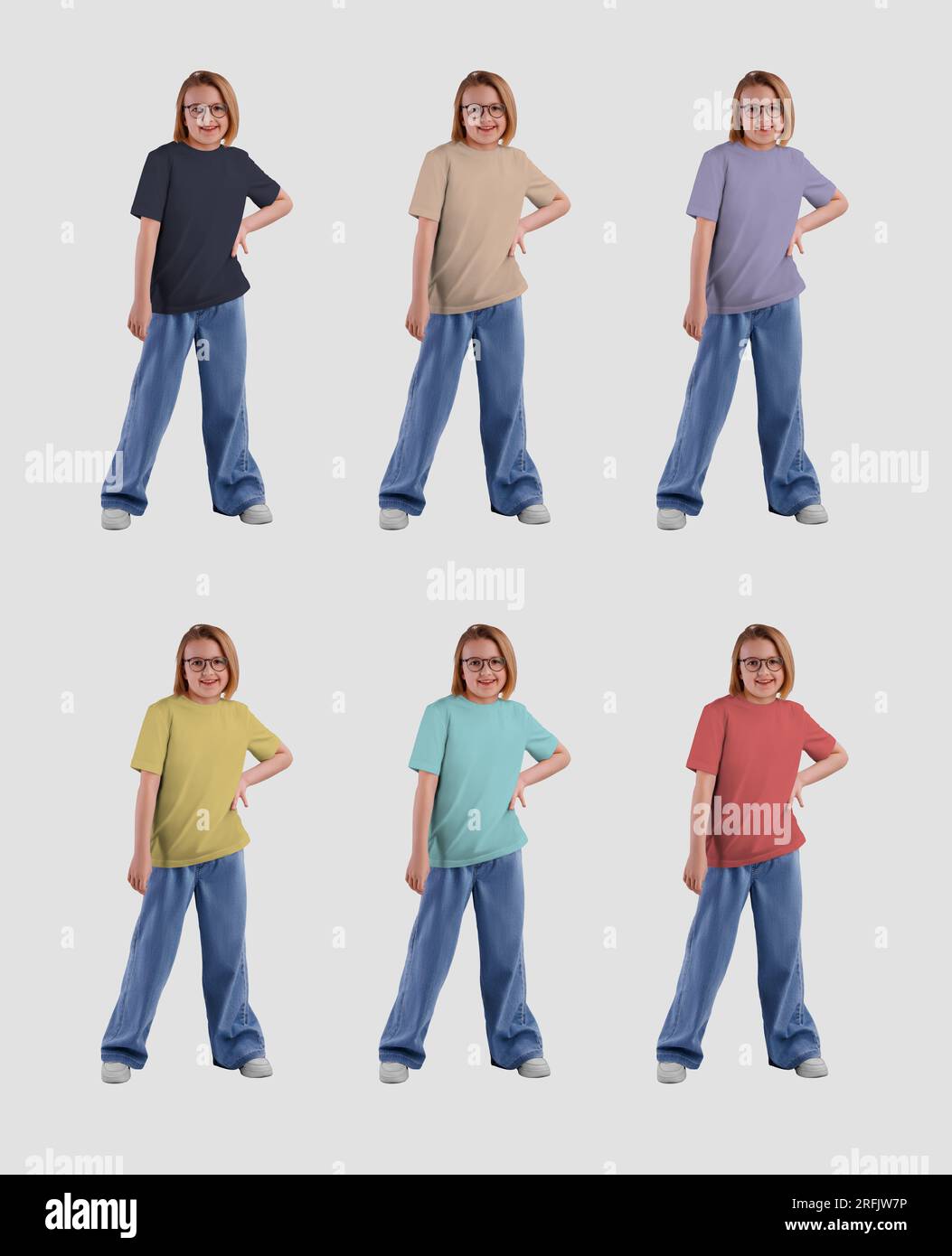 Mockup kid's t-shirt canvas bella on a girl in glasses, full length front view. A set of cotton shirts for a child, isolated on the background. Clothe Stock Photo
