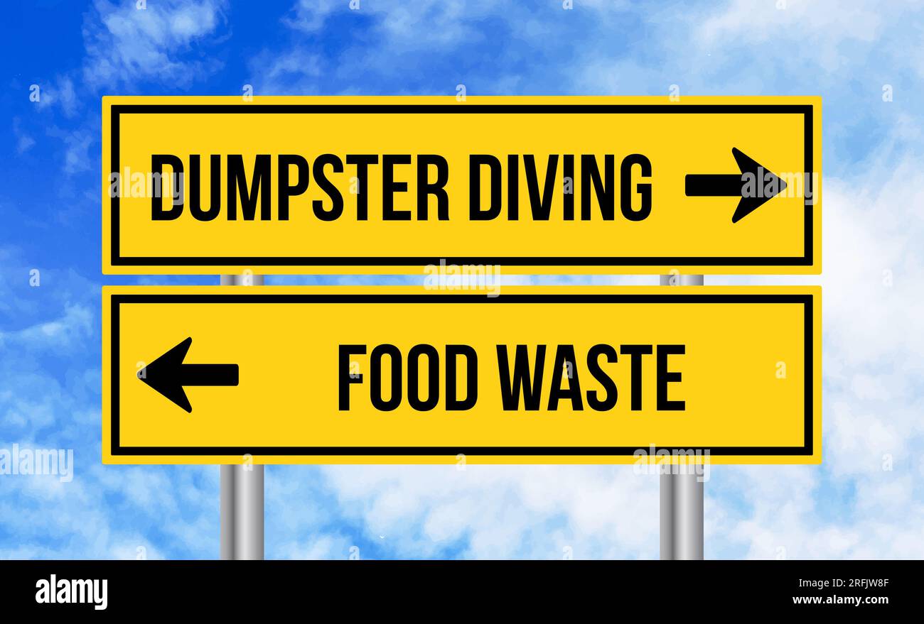 Dumpster diving or food waste road sign on cloudy sky background Stock