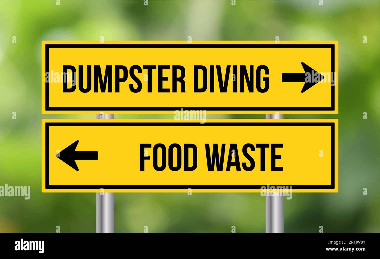 Dumpster diving or food waste road sign on blur background Stock Photo