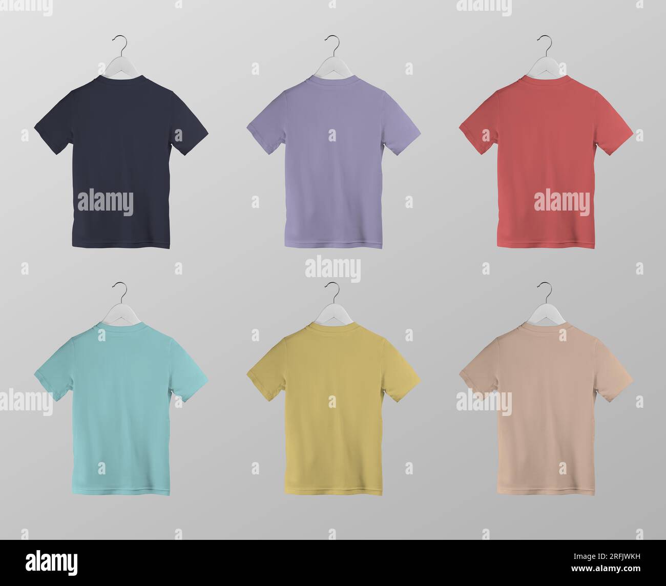 Mockup of colorful kid's canvas bella t-shirts on a hanger, back view, casual clothes for children. Fashion apparel template for design, commerce. A s Stock Photo
