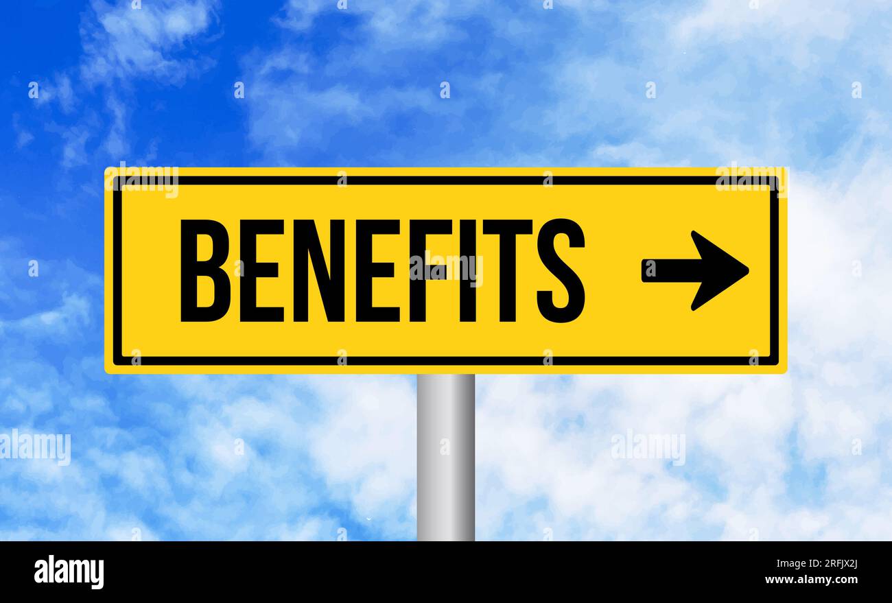 Benefits road sign on blue sky background Stock Photo Alamy