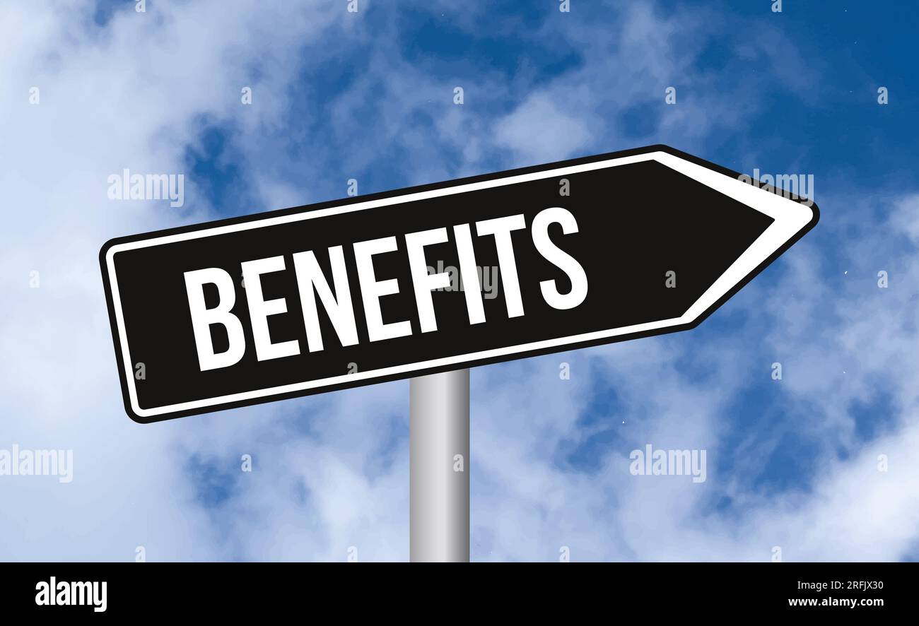 Benefits road sign on blue sky background Stock Photo Alamy