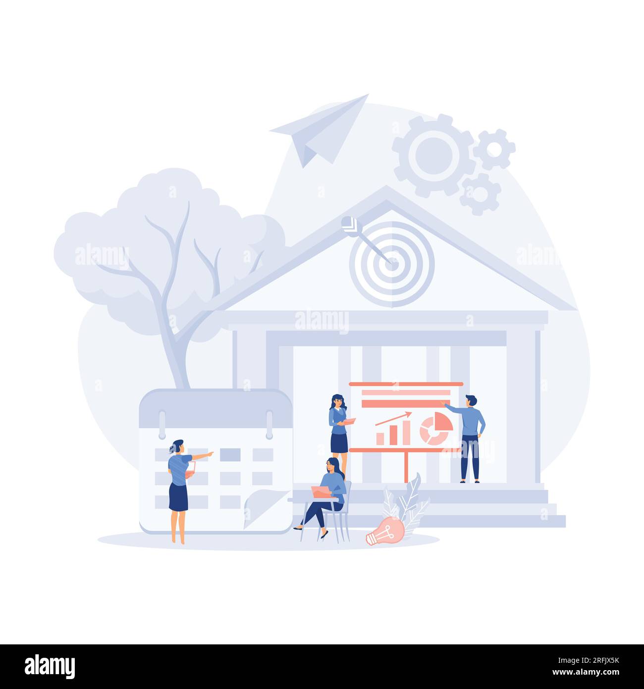 People work together making a plan on a board. Working process. teamwork communication. flat modern vector illustration Stock Vector