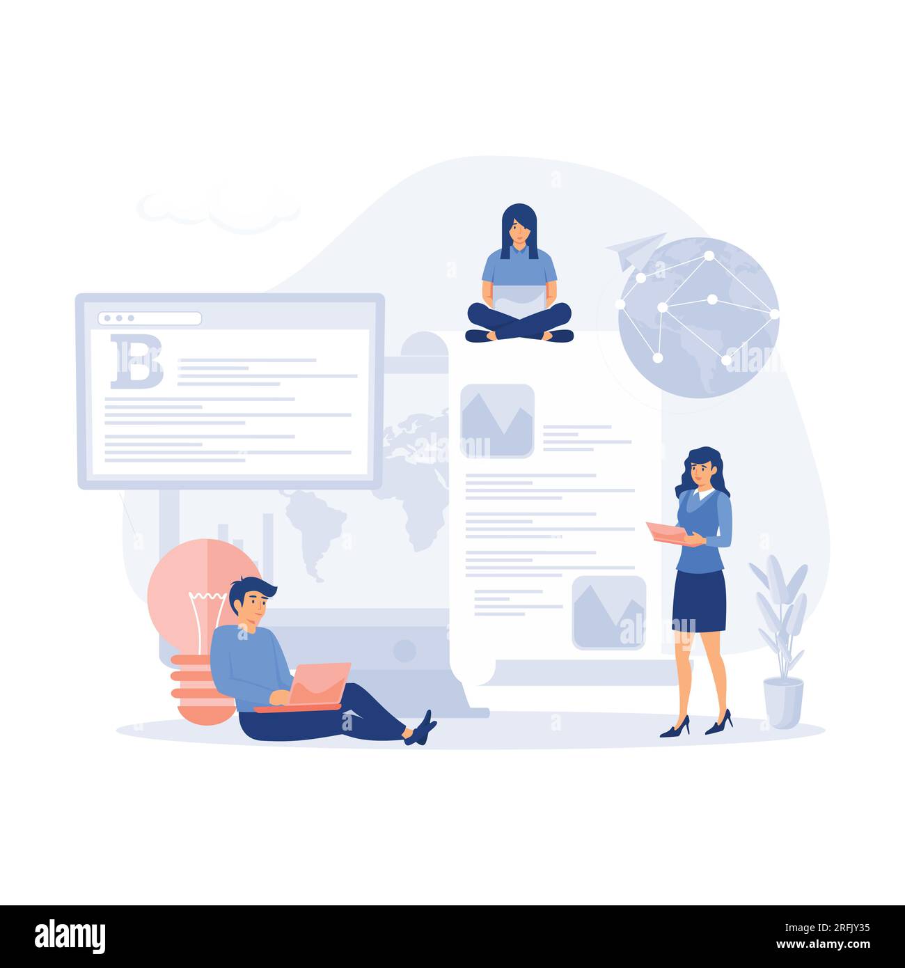 Copy writer. Content management. Flat cartoon miniature . flat vector ...