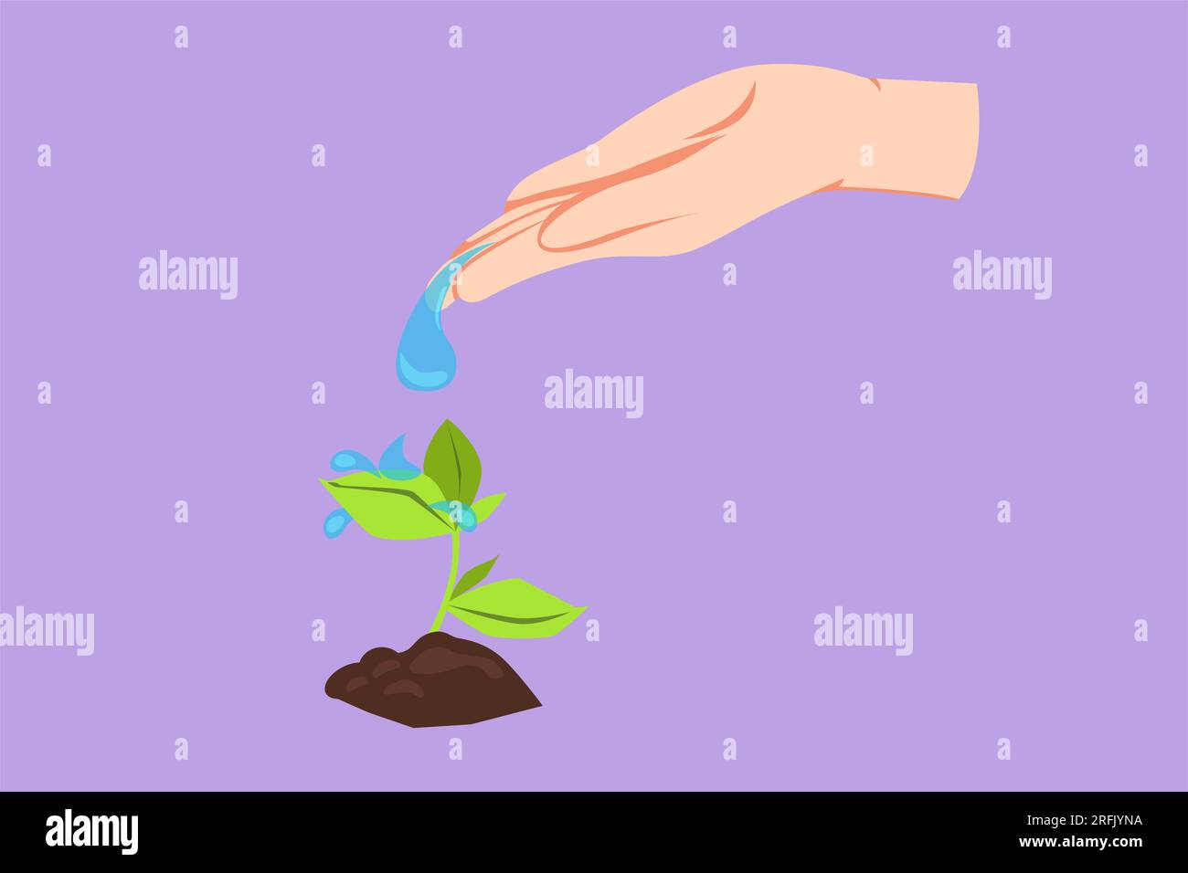 Character flat drawing hand of human nurturing and watering young baby plants growing in germination sequence on fertile soil. Agriculture ecology log Stock Photo