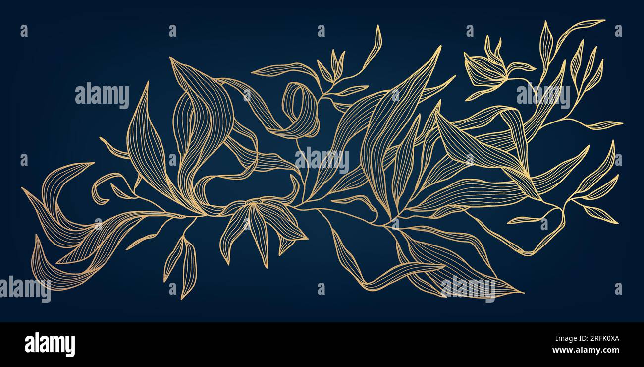 Vector art deco luxury floral line pattern, golden background. Hand ...