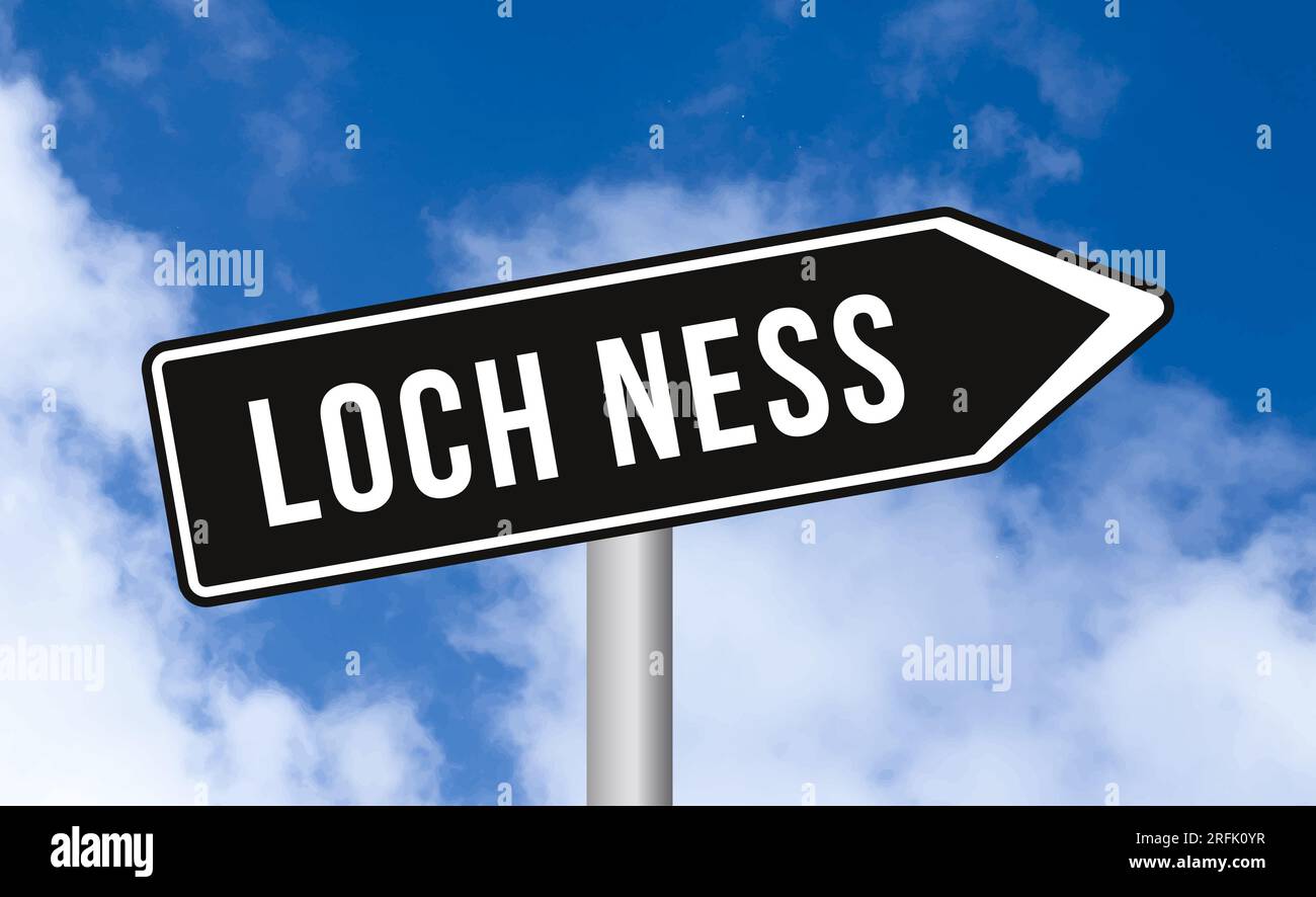 Loch ness road sign on blue sky background Stock Photo