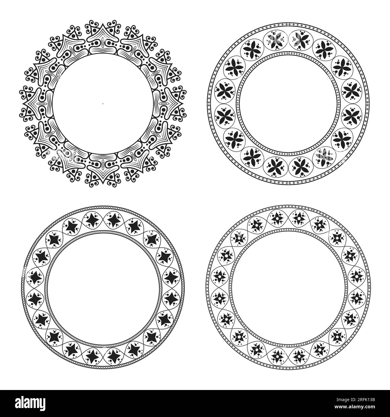 Set of circle outline round flower pattern frames for colouring book page, doodle ornament in black and white, hand draw vector illustration. Stock Vector