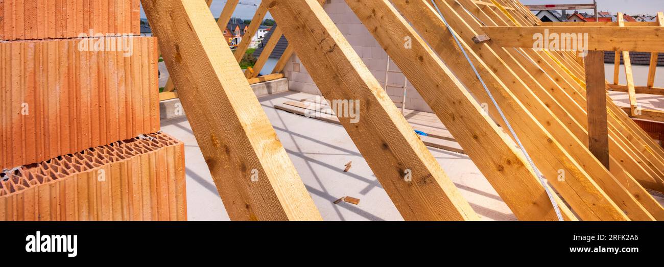 roof truss in construction of residential home Stock Photo