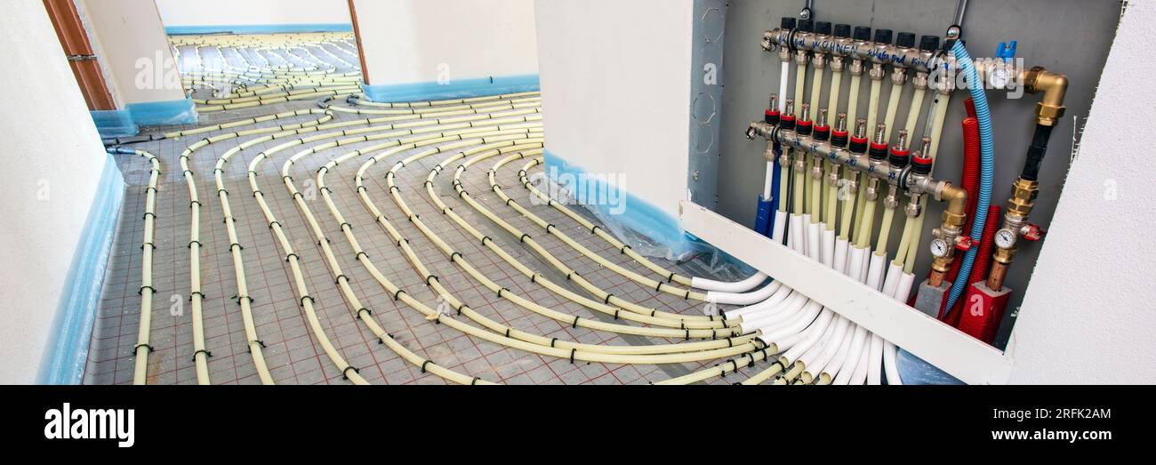 underfloor heating system in construction of new built residential home Stock Photo