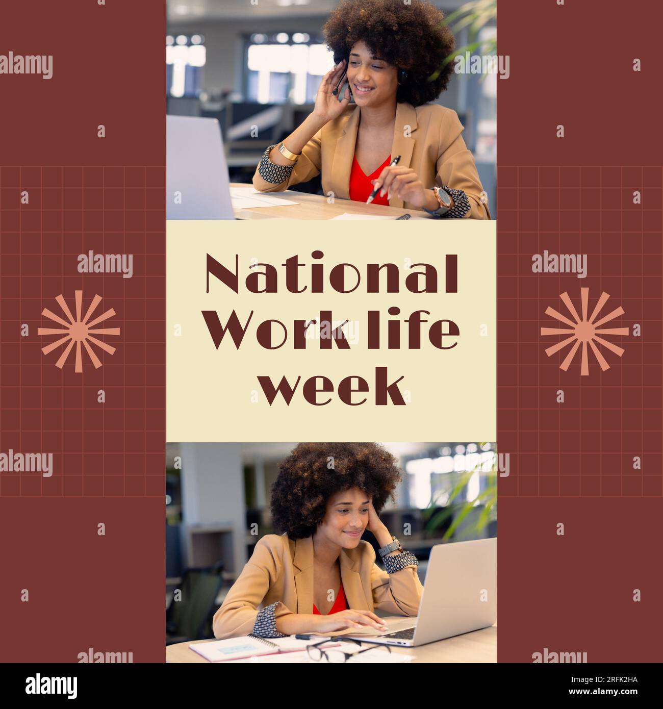National work life week text with happy biracial businesswoman using ...