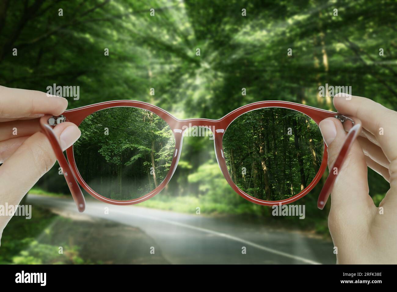 Vision correction. Woman looking through glasses and seeing forest clearer Stock Photo Alamy