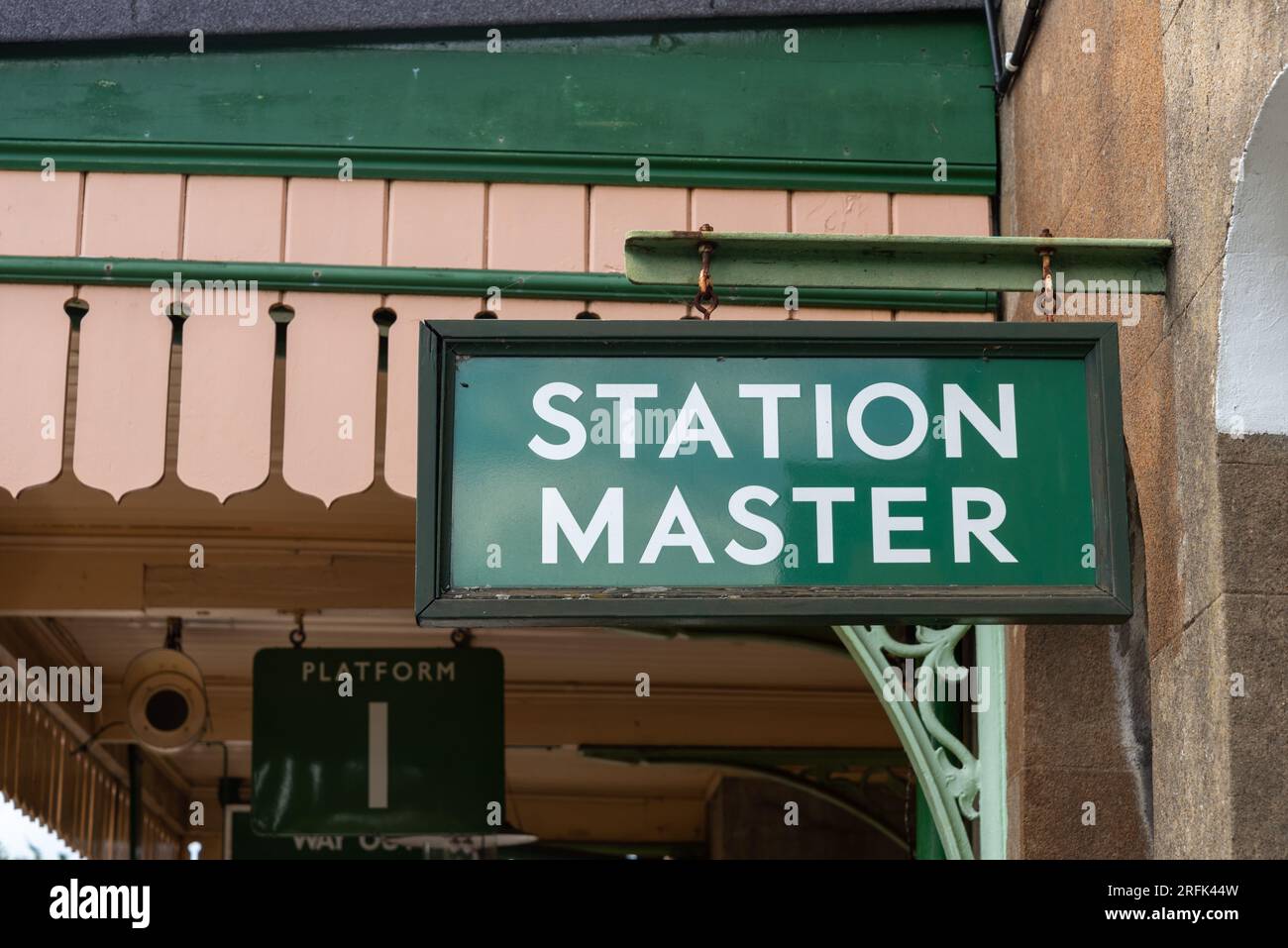 Station Master sign on the platform of Alresford train station, part of the watercress line. August 2023 Stock Photo