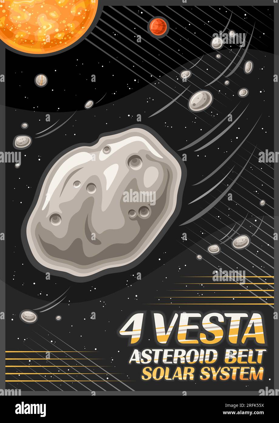 Vector poster for Asteroid Vesta, vertical astronomical flyer with shooting asteroid in deep space, futuristic cosmo print with words 4 vesta, asteroi Stock Vector
