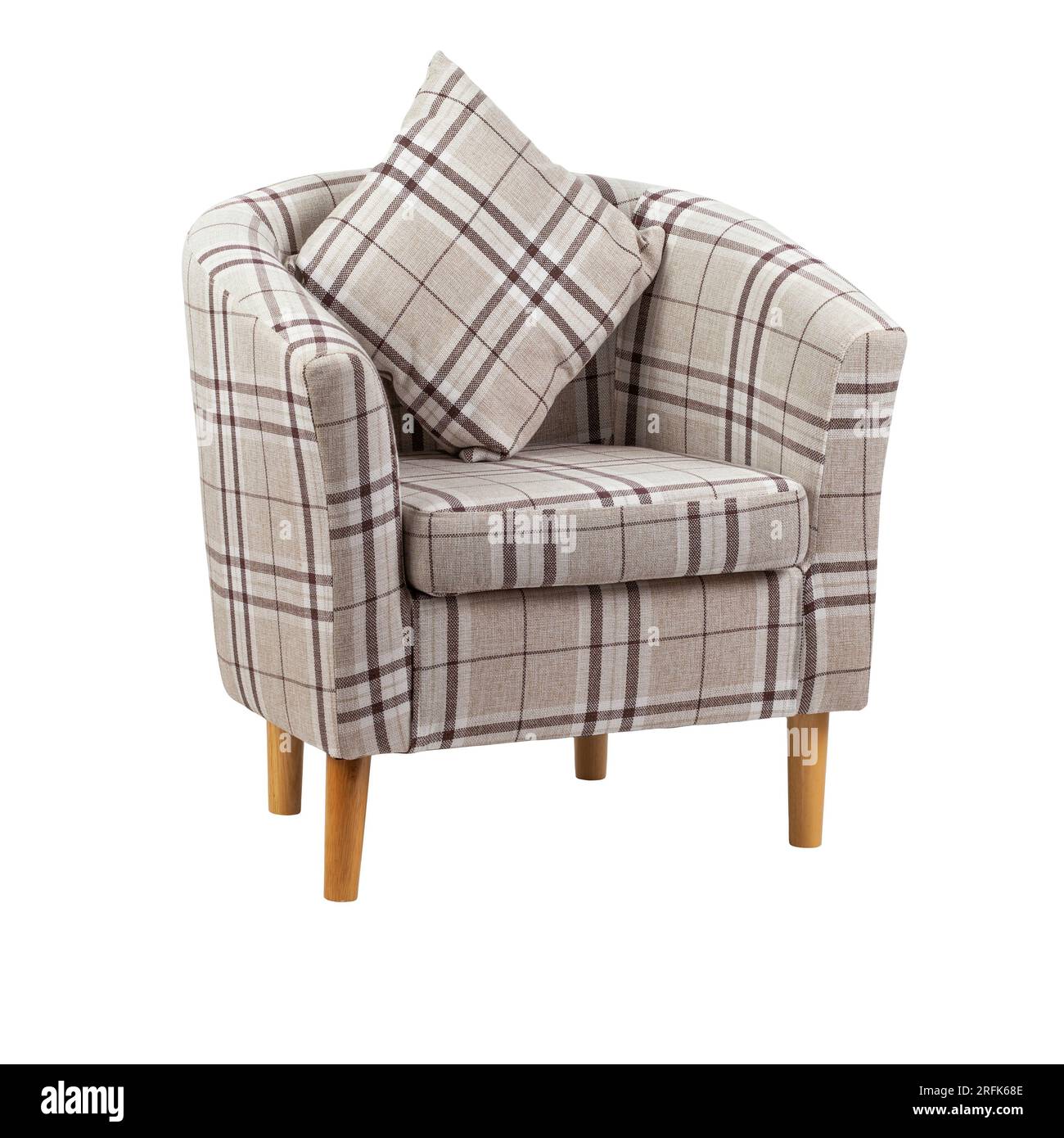 Brown tartan tub chair with cushion isolated on a white studio background for cutout Stock Photo