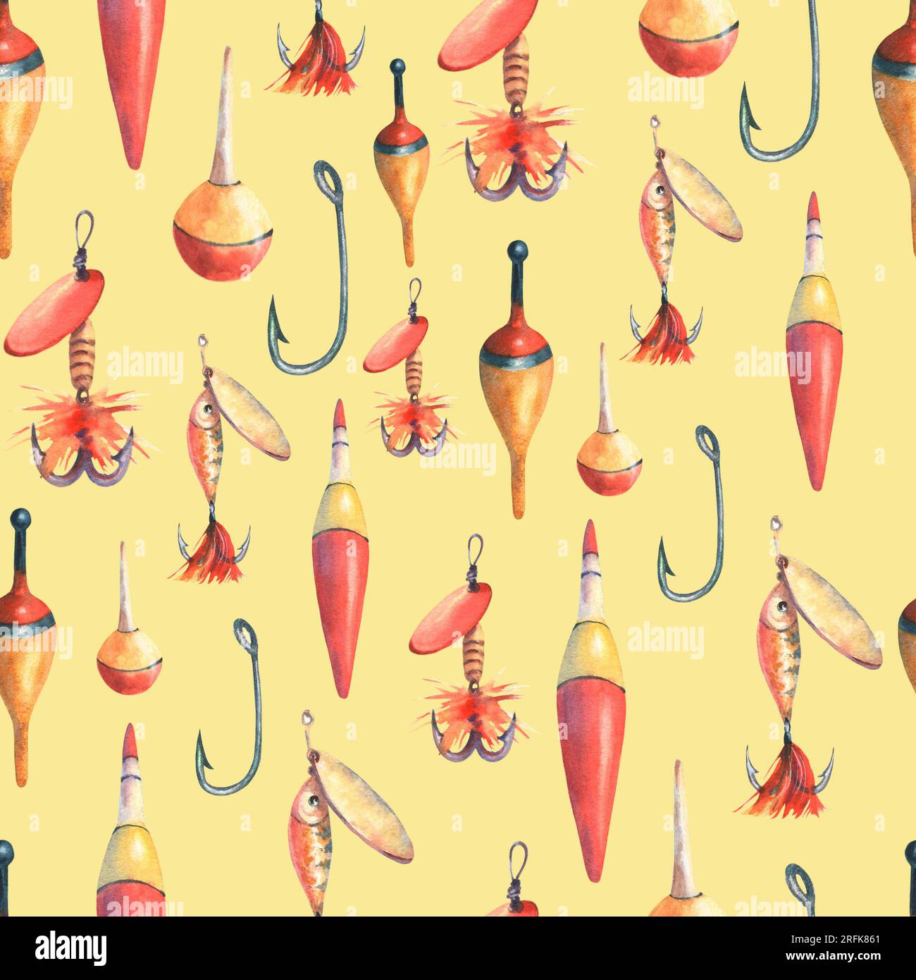 Seamless pattern with fishing tackle, bobber float,, hooks and
