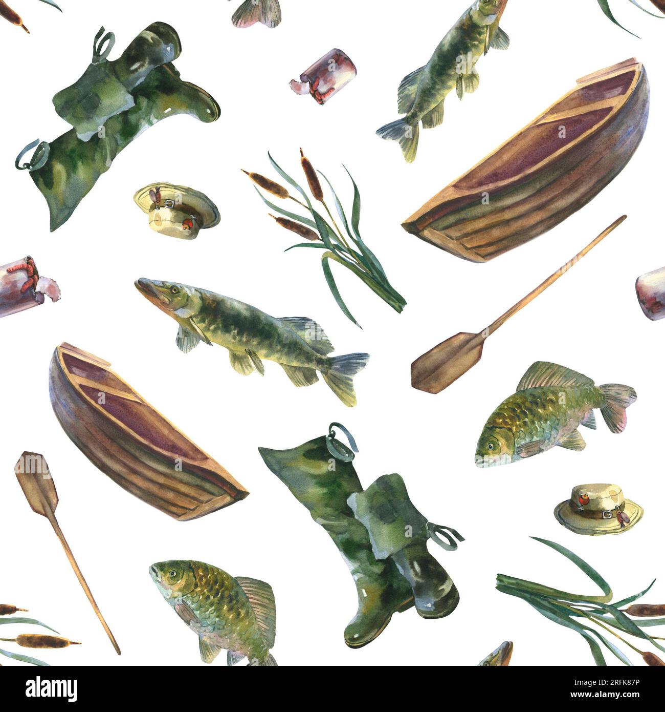 Watercolor seamless pattern of the fishing, pike, carp, paddle, fishing rod,  hat, and fisherman is fishing with a bait, bucket, reed isolated on white  Stock Photo - Alamy