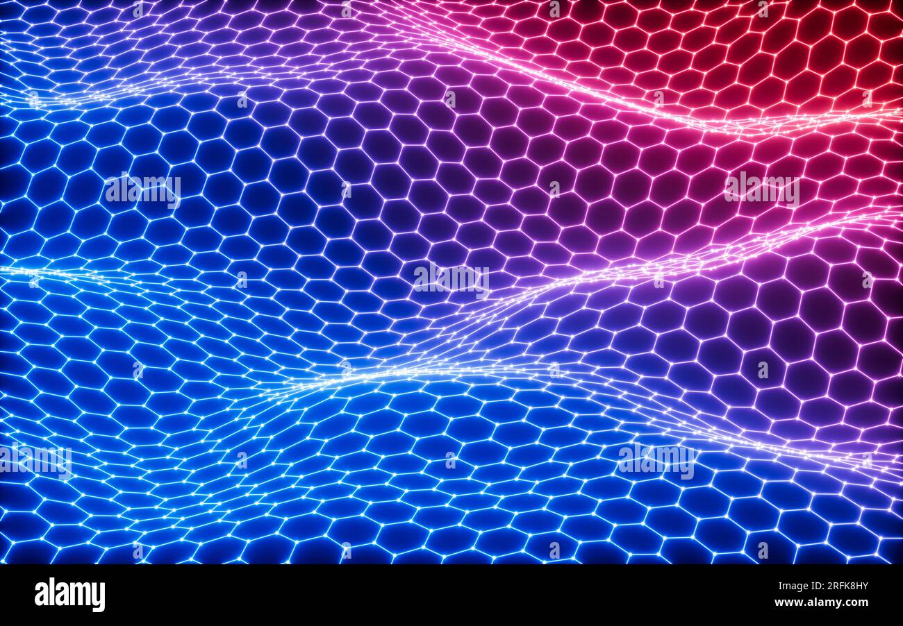 Glowing hexagonal grid neon background, 3d rendering. Digital drawing ...