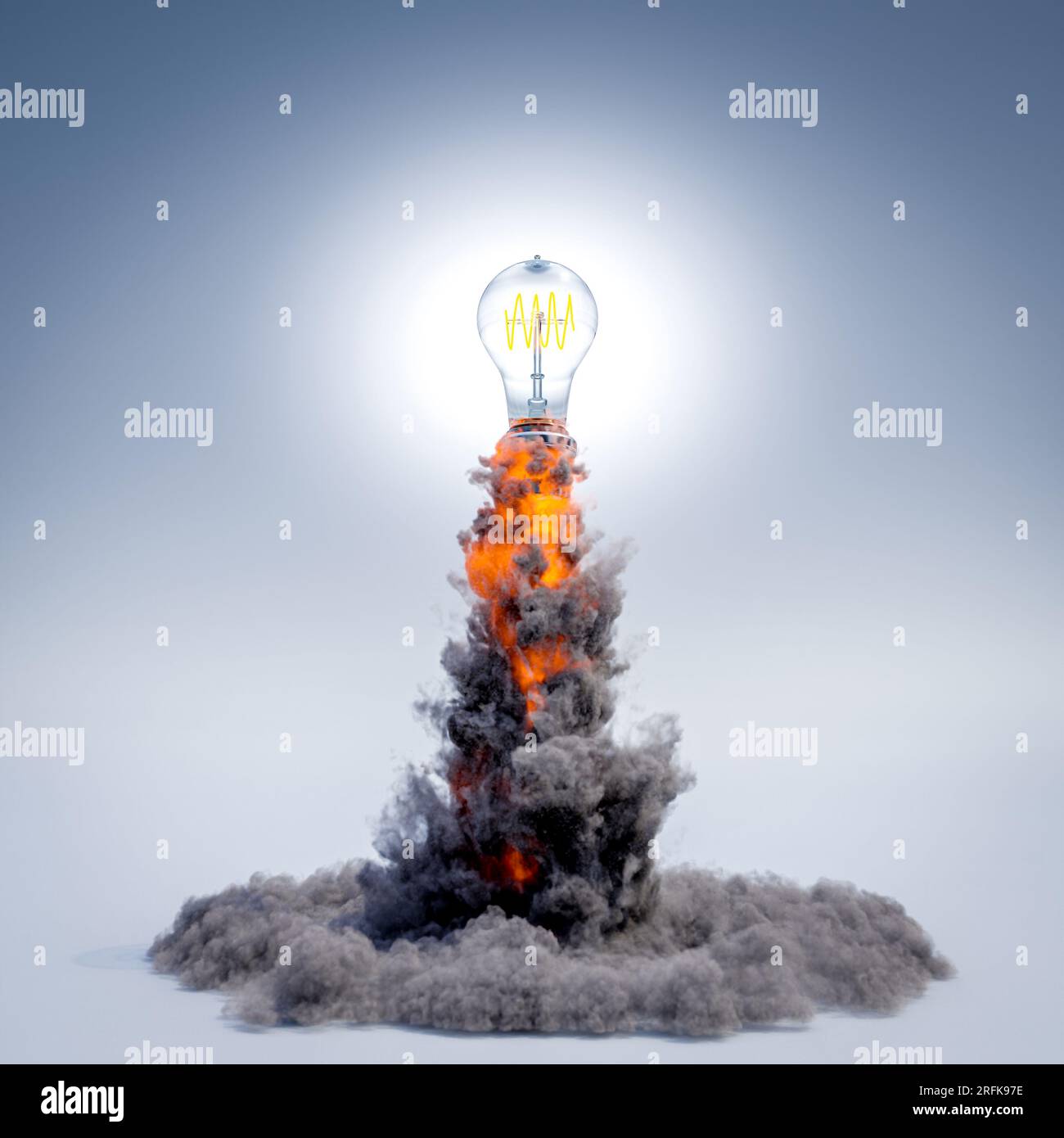 light bulb taking flight with smoke and flames, innovation concept. 3d render Stock Photo