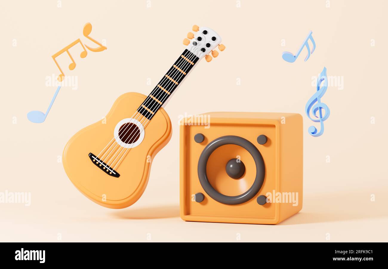 Cartoon guitar and loudspeaker in the yellow background, 3d rendering. Digital drawing. Stock Photo