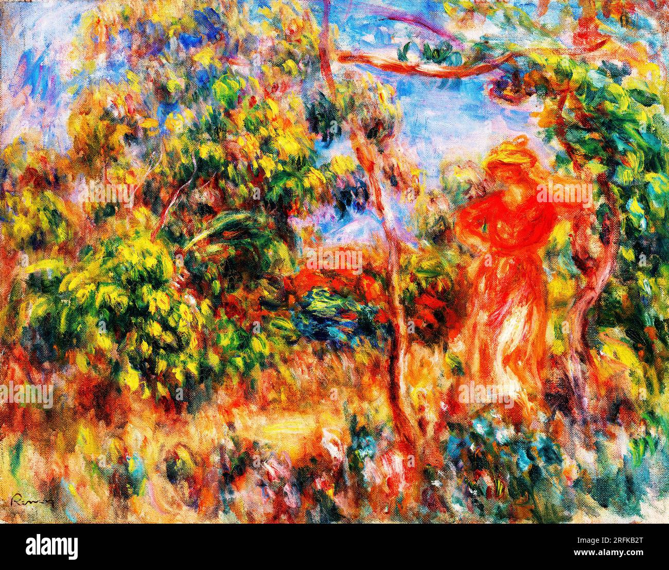 Woman in Red in a Landscape  by Pierre-Auguste Renoir. Stock Photo