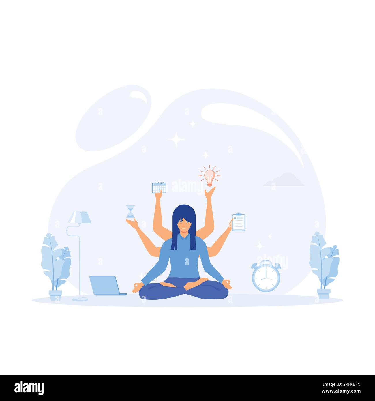 Time management. Girl with many arms sits in the Yoga position and doing many tasks at the same time. flat vector modern illustration Stock Vector