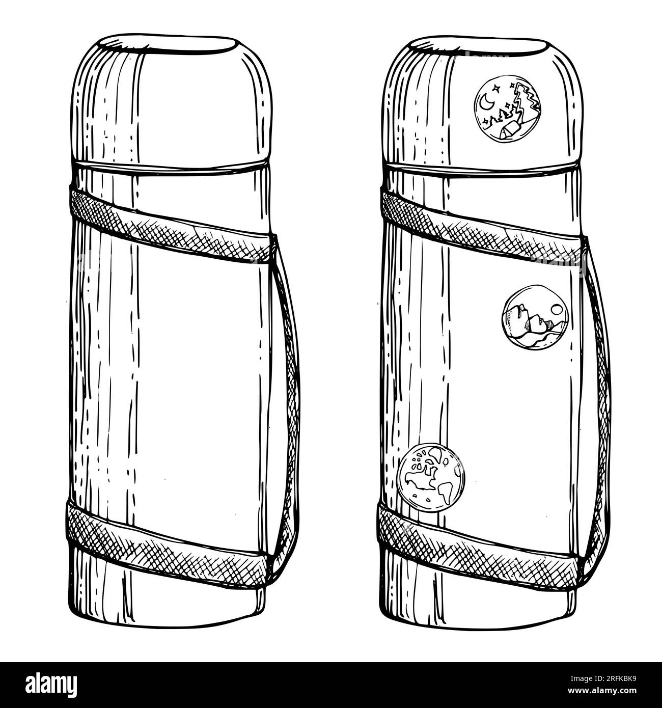 https://c8.alamy.com/comp/2RFKBK9/ink-hand-drawn-vector-graphic-sketch-of-isolated-object-travel-accessory-for-tourist-vacuum-flask-with-stickers-and-pins-design-for-tourism-travel-2RFKBK9.jpg