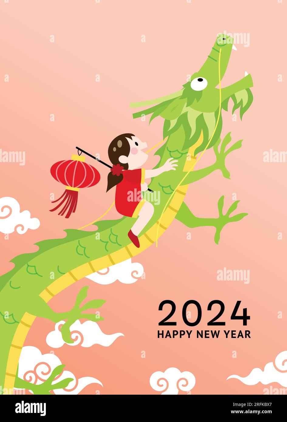 Chinese new year 2025 card illustration child and dragon. Child riding