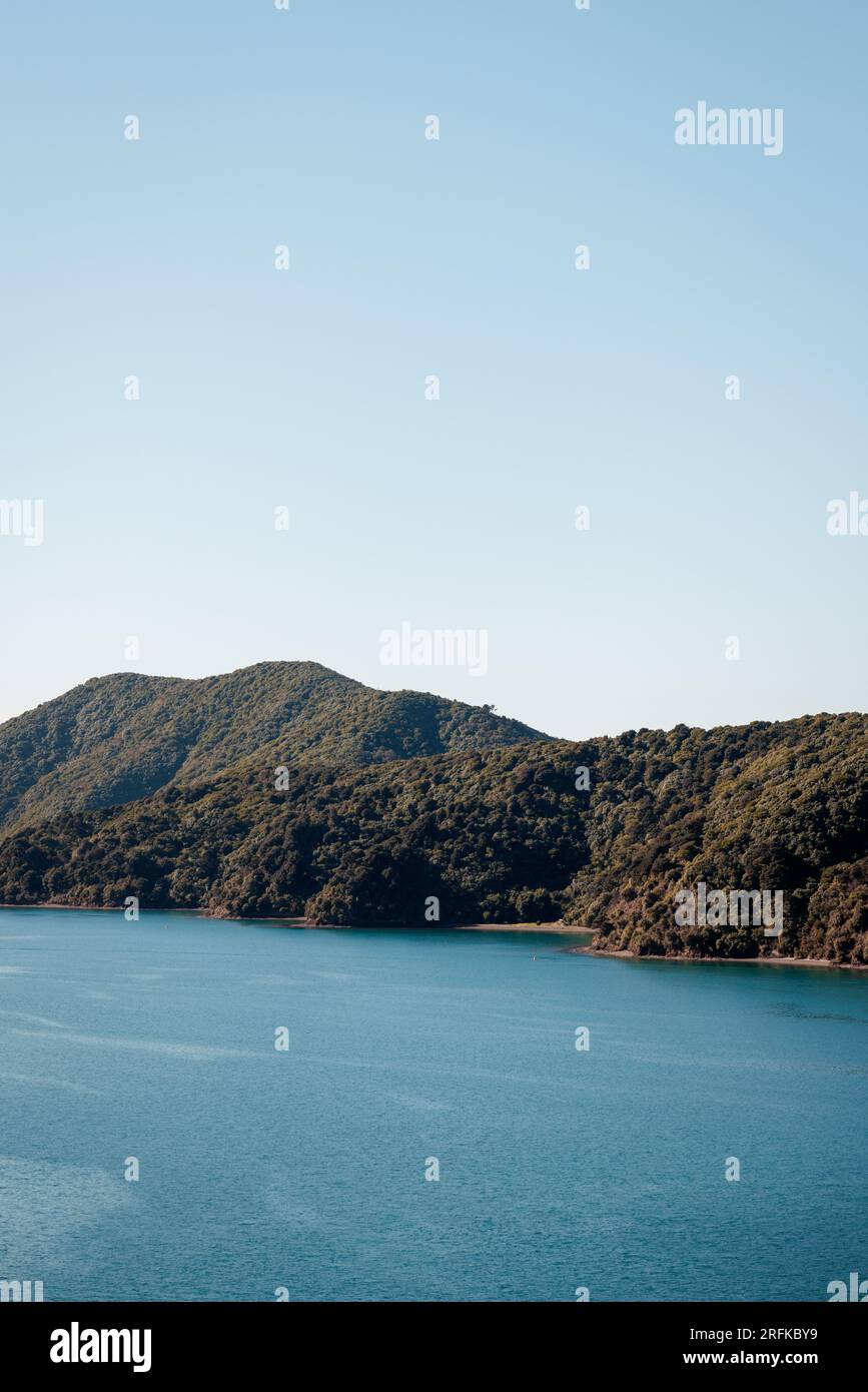 An image looking at the hills of Picton in New Zealand. In the foreground you can see the sea, the hills are covered in plant life Stock Photo
