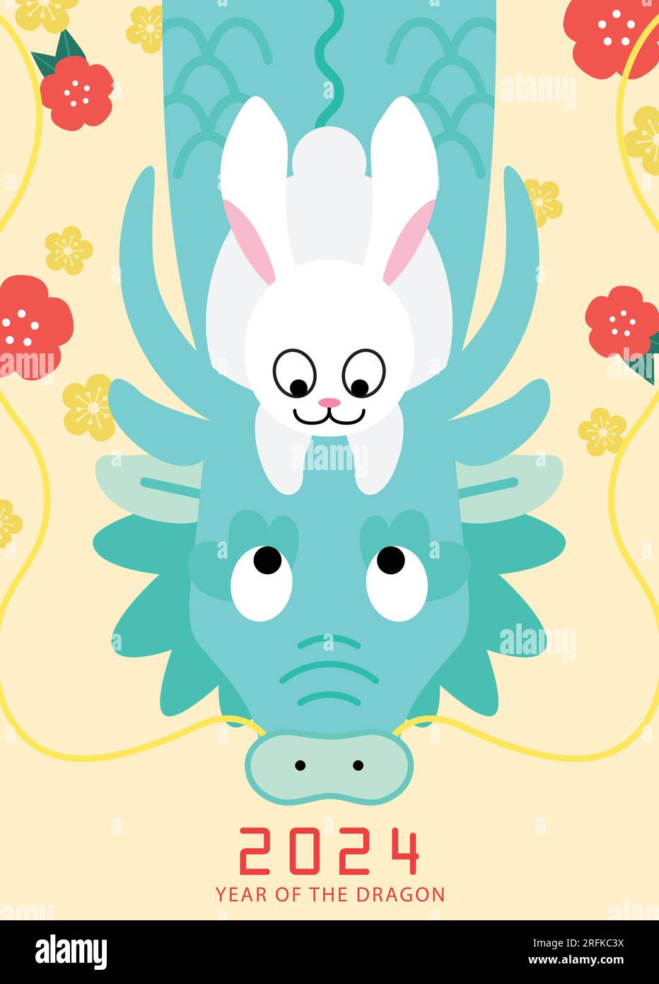Zodiac rabbit on the back of zodiac dragon 2025 card. Chinese year of