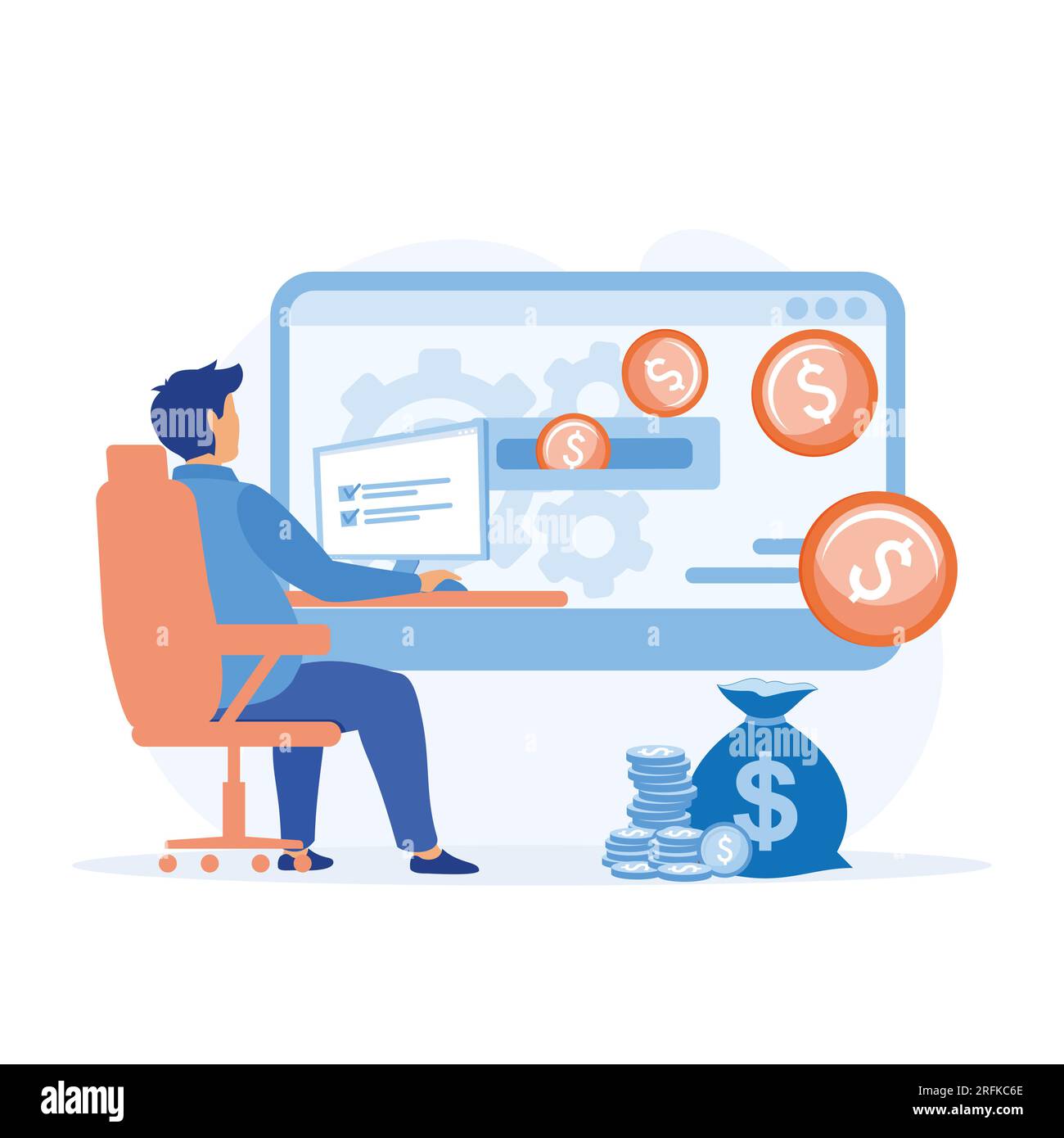 Earning money online, man working on desk with computer and money flowing from screen, flat vector modern illustration Stock Vector