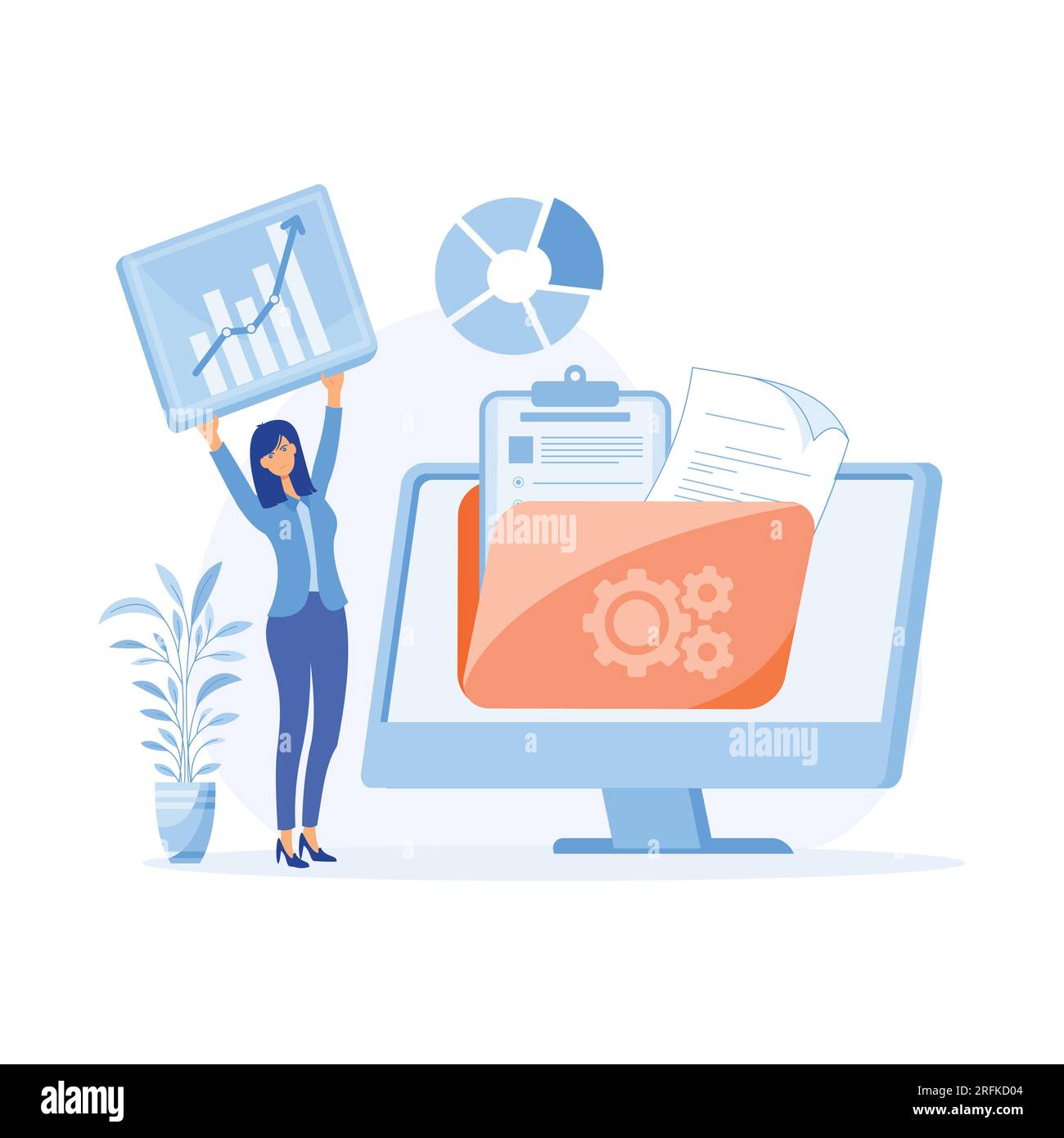 Information collection and analysis concept, document management soft, sharing online, visualization, flat vector modern illustration Stock Vector