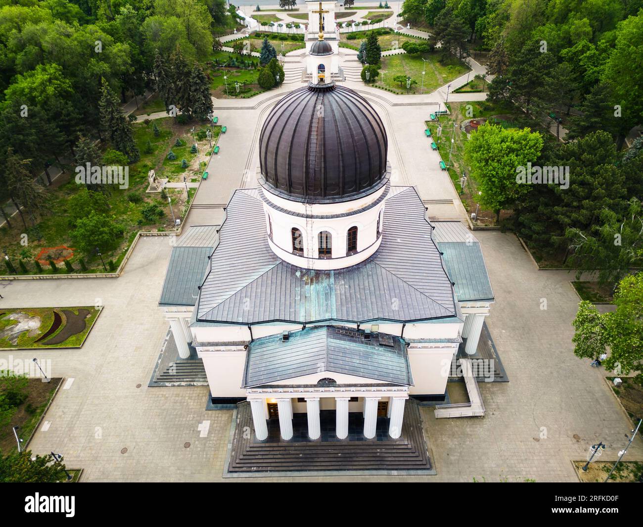 Aerial drone view of Cathedral in Chisinau, Moldova. Central park, bell tower, a lot of greenery around Stock Photo