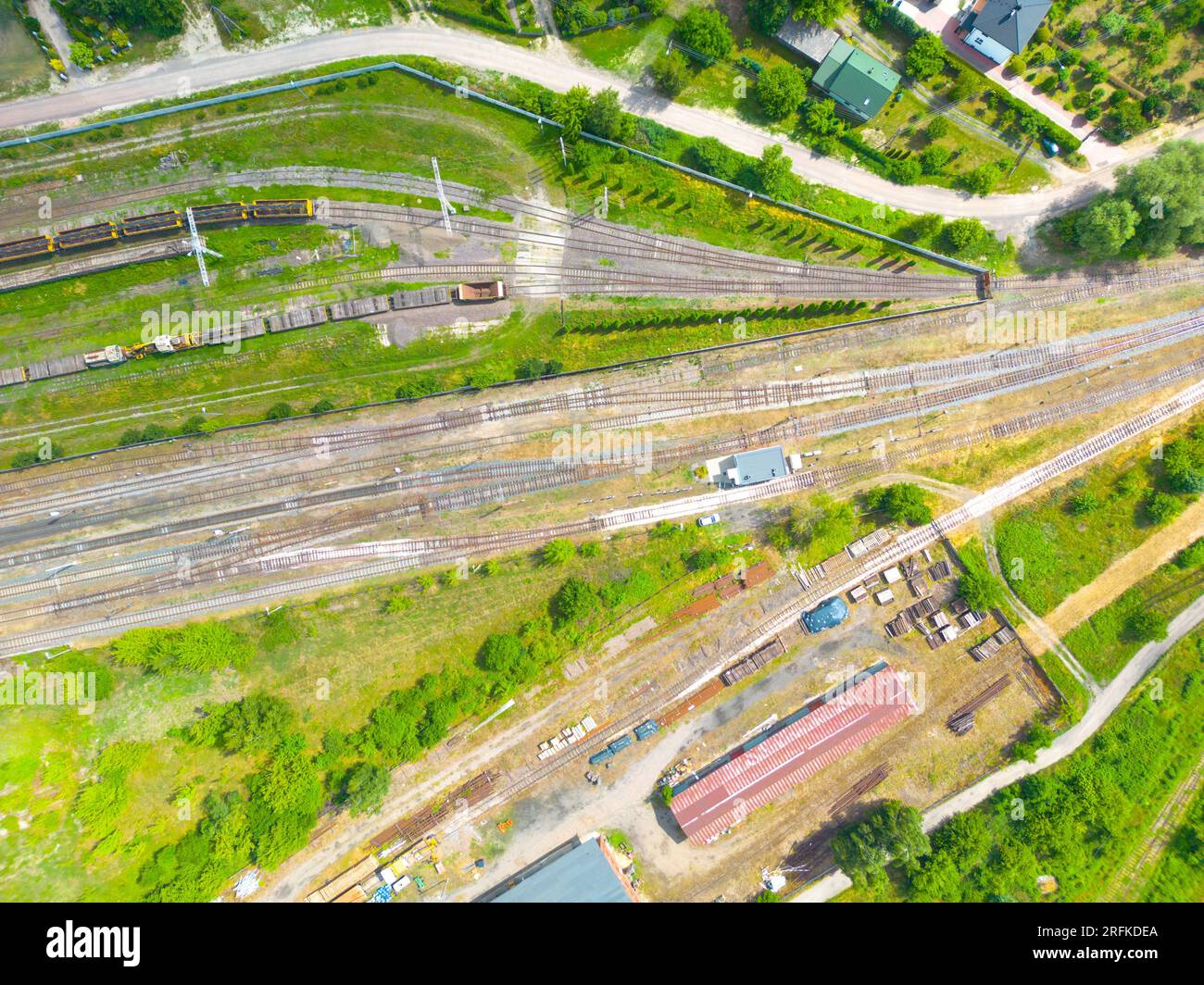 Cargo trains close-up. Aerial view of colorful freight trains on Stock Photo