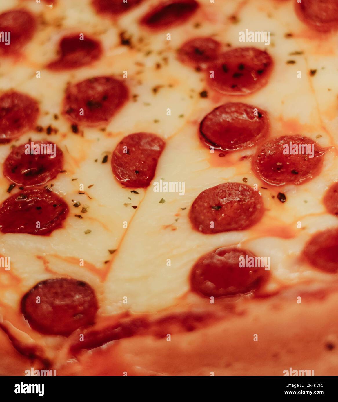Italian thin crust pizza with spicy salami and mozzarella Stock Photo