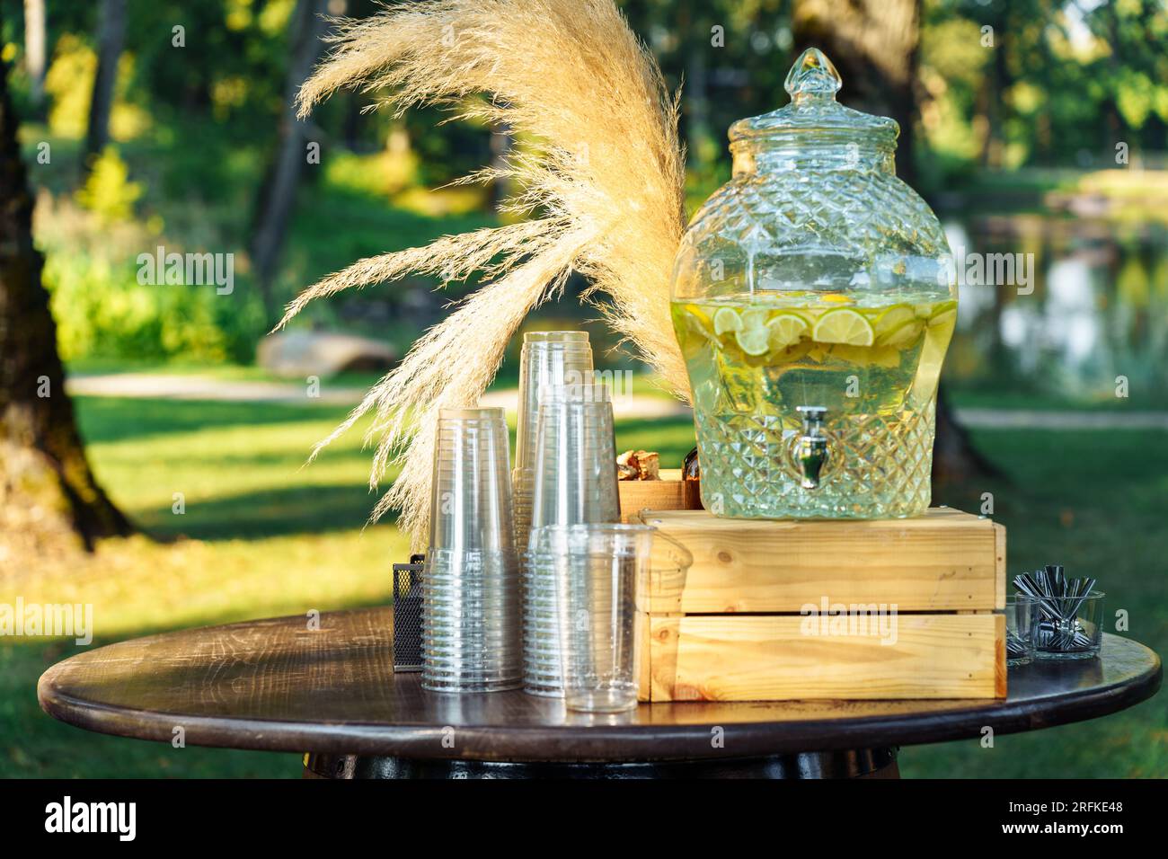 Lemonade in a glass decorative beverage dispenser, one-time glasses on the table during a garden party. Stock Photo