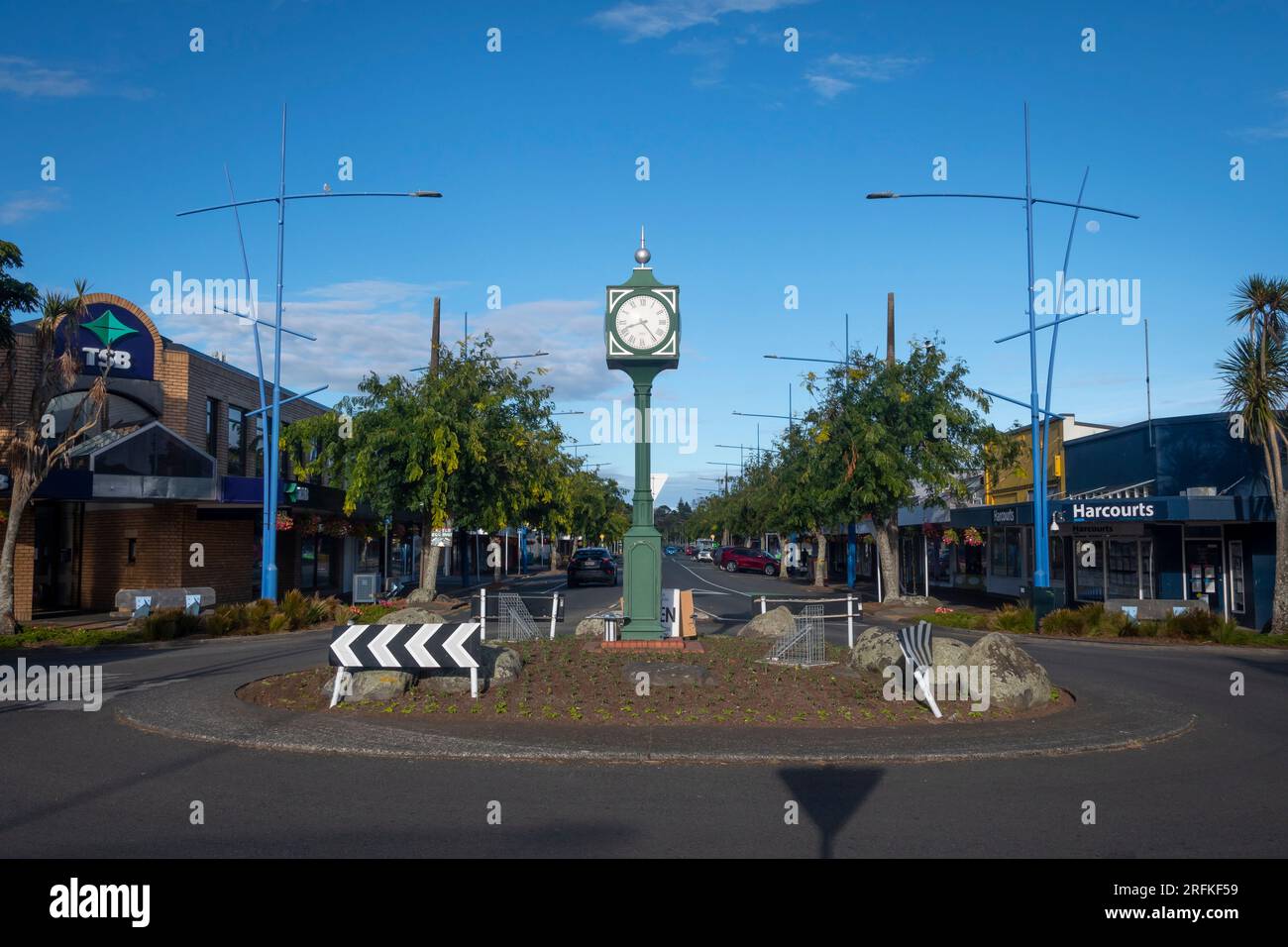 Clocktower in traffic roundabout, McLean Street, Waitara, town centre, Taranaki, North Island, New Zealand Stock Photo