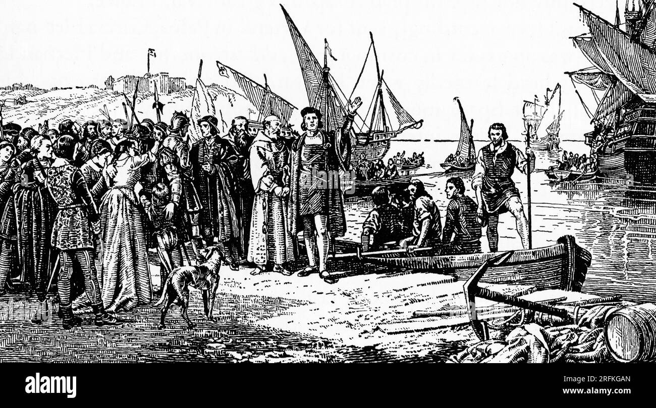 Christopher Columbus departing from Palos, Spain, on August 3rd, 1492. After Ricardo Balaca (1844-1880). On the evening of 3rd August 1492, Columbus departed from Palos de la Frontera with three ships. The largest was a carrack, the Santa María, owned and captained by Juan de la Cosa. The other two were smaller caravels, the Pinta and the Niña, piloted by the Pinzón brothers. Stock Photo
