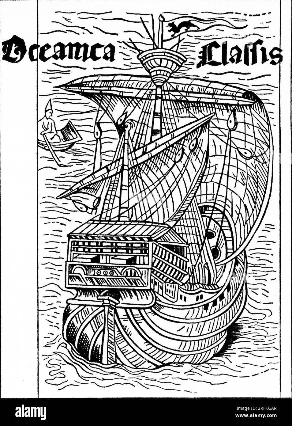 Illustrative woodcut from the Latin edition of Columbus's letter on his first voyage, 1494. A letter written by Christopher Columbus on February 15th, 1493, is the first known document announcing the results of his first voyage that set out in 1492 and reached the Americas. Stock Photo