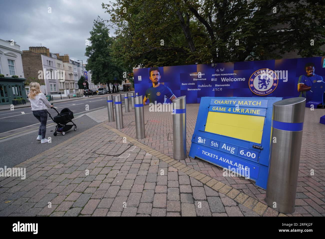 London UK. 4 August 2023 .  Matchday sign at Stamford Bridge. Game4Ukraine  will be played at Stamford Bridge on 5 August with past and present Ukrainian footballers Oleksandr Zinchenko and Andriy Shevchenko to feature as team captains charity football. The  match is to raise money for the United24 initiative, and  to aid Ukraine's rebuilding of facilities and infrastructure that suffered damage from the Russian invasion of Ukraine. Credit amer ghazzal/Alamy Live News Stock Photo