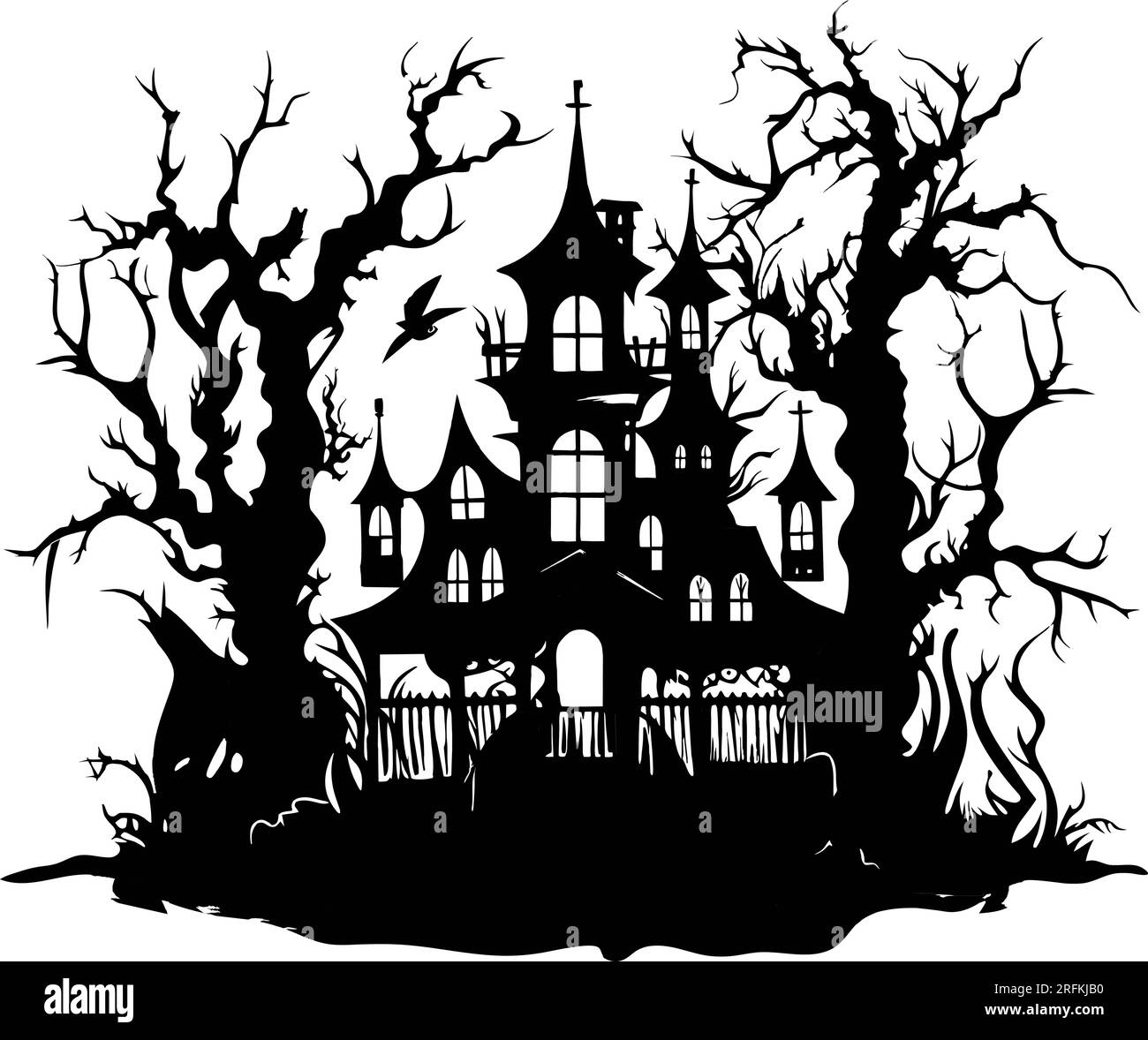 vector halloween castle landscape. black castle sillhouette. castle sillhouette with birds and trees vector illustration on white background. Stock Vector