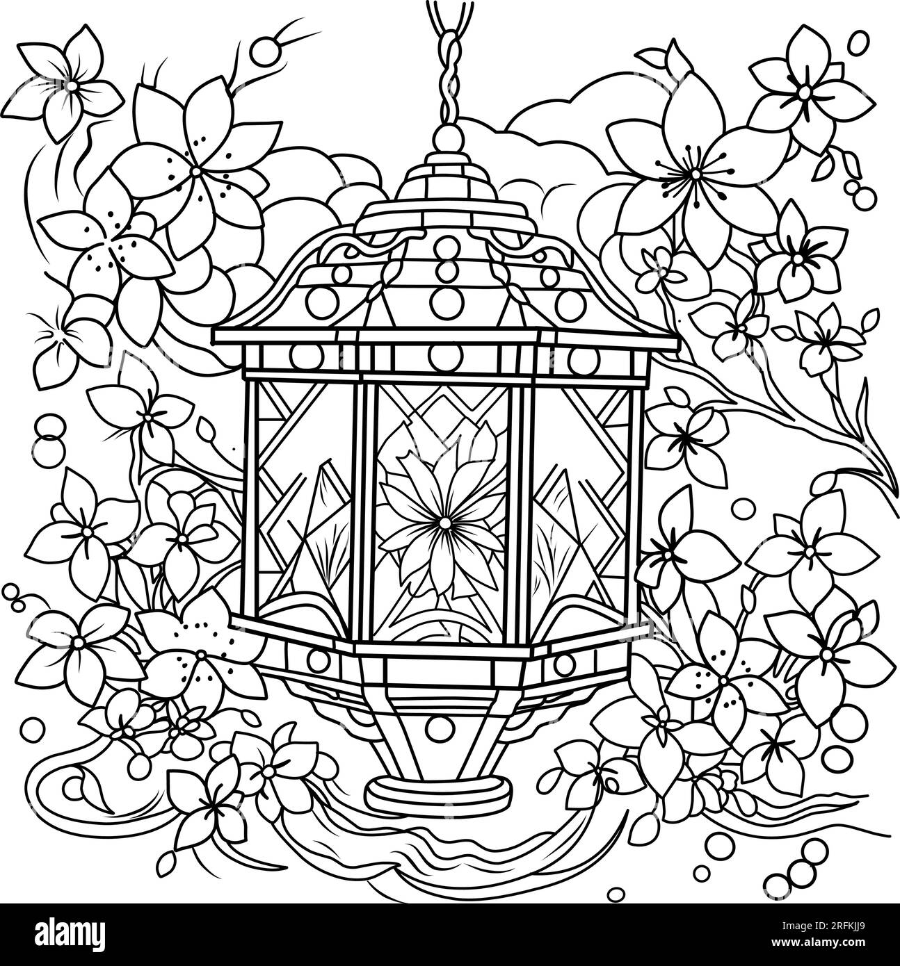 toro nagashi.Japanese lantern festival Coloring page. coloring page of lanterns for the remembrance of the dead. Stock Vector