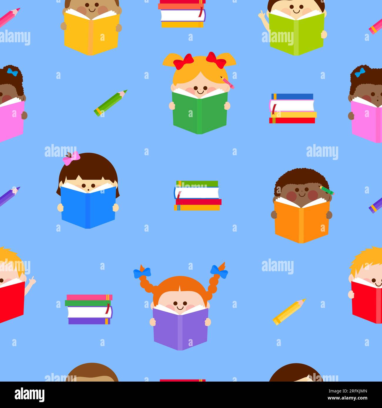 Children reading books background. Seamless pattern. Vector